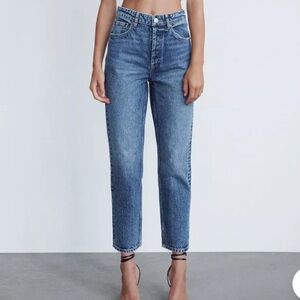 Zara High Rise Straight Leg Ankle Cropped Jeans Navy Blue